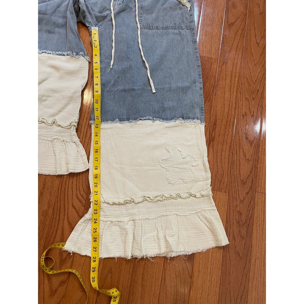 POL Wide Leg Pants Womens L Blue Cream Cotton Boho Ruffle Festival Cottagecore - Picture 10 of 13